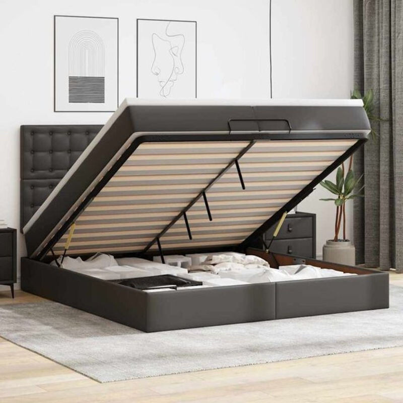 vidaxl Ottoman Polsterbett mit Matratzen und LED in Schwarz aus Kunstleder B/T/H: 200 x 200 x 128 cm - Bild 1