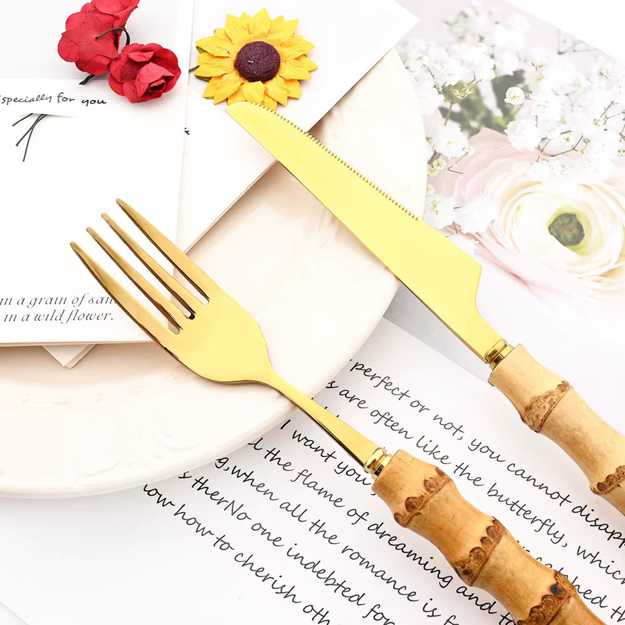 Drmfiy Essgabel Set aus Edelstahl mit Bambusgriff in Gold und Silber - Bild 1