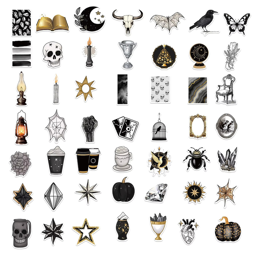 50 oder 100 Stück Gothic Aufkleber in Schwarz und Gold für DIY Dekoration von Gitarre, Gepäck und Notebook, wasserfeste Schreibwaren-Aufkleber - Bild 2