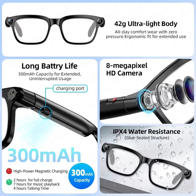 LIGE Smart Bluetooth Sonnenbrille mit KI-Kamera für Foto- und Videoaufnahme, Übersetzungsfunktion und Anrufoption, wasserfest, Schwarz - Bild 2