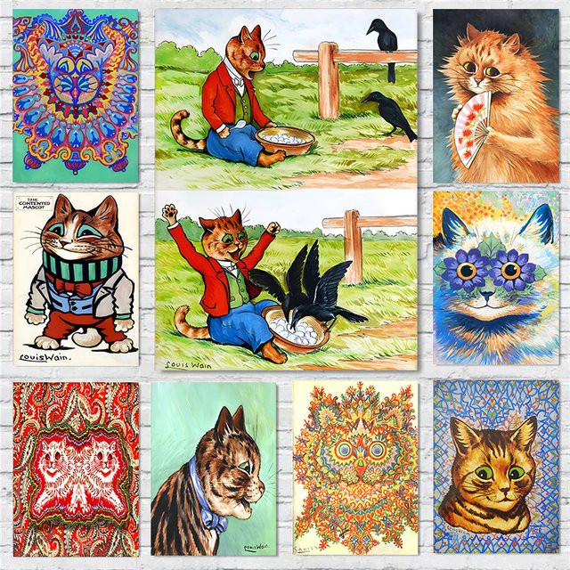 Potdemiel Louis Wain Illustrationsausstellung Poster mit anthropomorphen Katzen-Kunstdrucken als Vintage Leinwandgemälde in Mehrfarbig - Bild 1