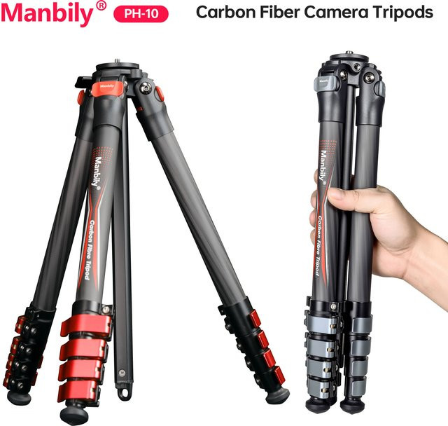Manbily PH-10 Kohlefaser-Stativ für Mobiltelefone und DSLR-Kameras, 25-mm-Rohr, max. Belastbarkeit 10 kg, Schwarz/Grau - Bild 1