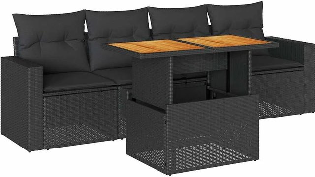 vidaXL 5-teilige Garten-Sofagarnitur aus Poly-Rattan und Akazienholz in Schwarz mit Kissen - Bild 1