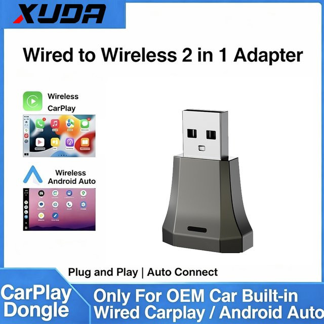 XUDA 2-in-1 Kabelloser CarPlay und Android Auto Adapter, 5GHz WLAN, USB-C und USB-A, Schwarz - Bild 1
