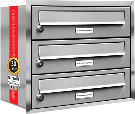AL Briefkasten für 3 Parteien zur Unterputzmontage, silberfarben, B/T/H: 42,5 x 27,5 x 38,5 cm - Bild 1
