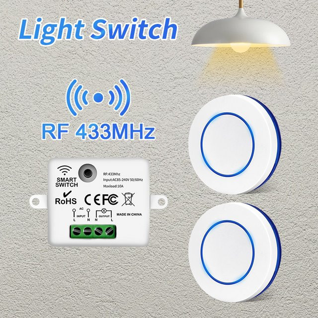 GGBEE RF 433MHz Drahtloser Lichtschalter mit rundem Wandschalter und Relais-Empfänger, Weiß - Bild 1
