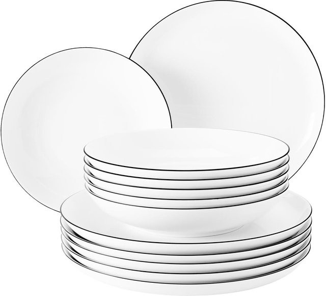 Seltmann Weiden Tafelservice Lido Black Line aus Porzellan, 12er Set, Schwarz und Weiß - Bild 1