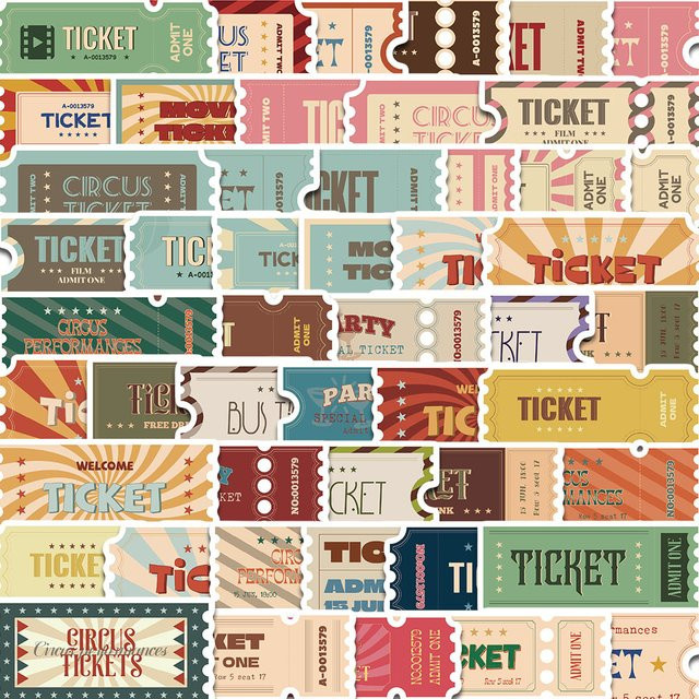 50 Stück Vintage Ticket Stub Aufkleber im Harajuku Stil, wasserfeste Dekoration für Laptop, Notebook und Gepäck, Mehrfarbig - Bild 1