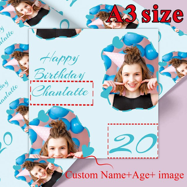 3 Stück personalisiertes Bastelpapier für Geburtstage in Rosa und Blau mit Name, Alter und Foto für Partydekoration und Scrapbooking - Bild 1
