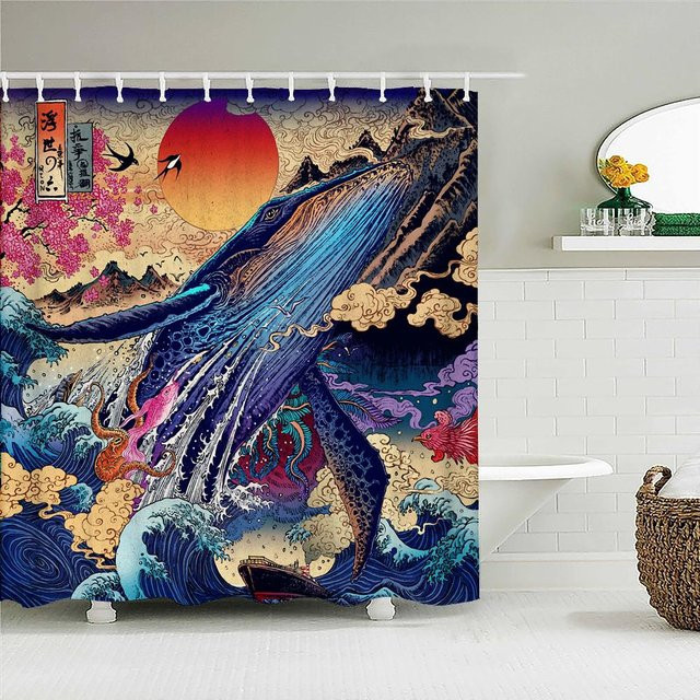 Wasserdichter Duschvorhang aus Polyestergewebe mit Samurai-Landschaft und Wellen-Design in Multicolour, B: 210 cm, H: 180 cm - Bild 1