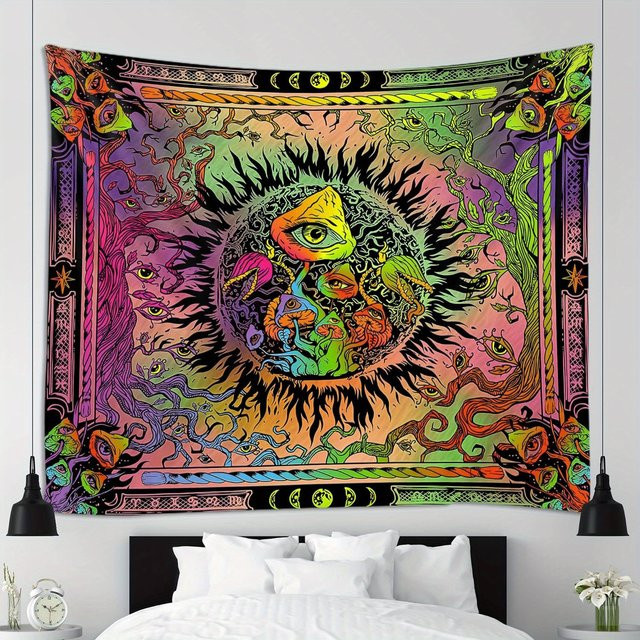 VIKAMA Wandteppich Vivid Mushroom Eye Sun Mandala, abstrakter psychedelischer Wandbehang im Boho-Stil, Mehrfarbig - Bild 1