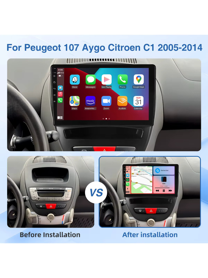 MOPECT Android 15 Autoradio mit 10,1 Zoll Display für Toyota Aygo, Peugeot 107 und Citroen C1 (2005-2014) mit WiFi, Carplay, 4G, 64GB Speicher und Rückfahrkamera in Schwarz - Bild 6