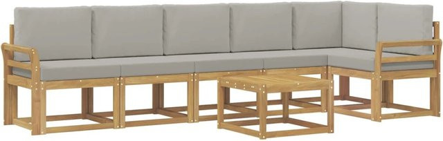 vidaXL Outdoor-Sofagarnitur aus Akazienholz in L-Form mit 7-tlg. Kissen in Weiß, Grau und Braun - Bild 1