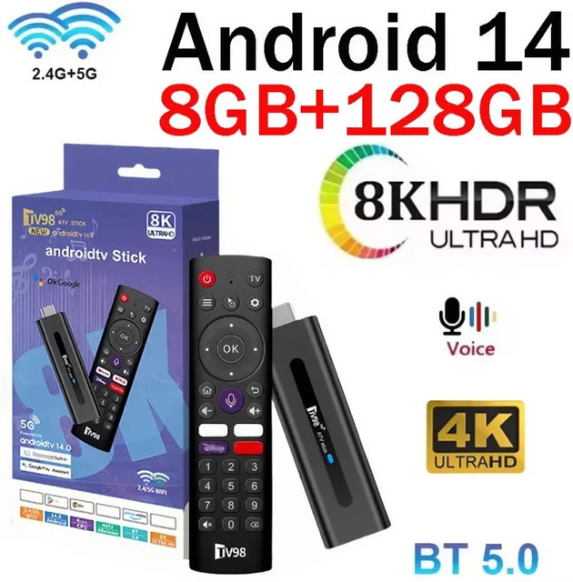 CLIBABIQBOX TV98 ATV Smart TV Stick mit 8K und 4K HD Unterstützung, Allwinner H313 Quad Core, 8GB RAM, 128GB Speicher, Dual WiFi6 und Bluetooth 5.0, inklusive Sprachfernbedienung, Schwarz - Bild 1