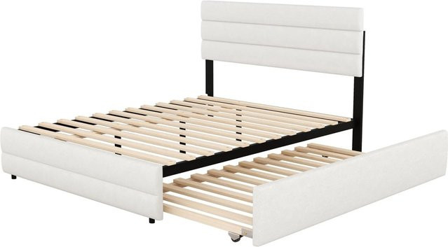 KOMHTOM Plattfürmbett mit Stauraum und zwei Schubladen aus Leinen und MDF in Beige, B: 140 cm, H: 203 cm, T: 115 cm - Bild 1