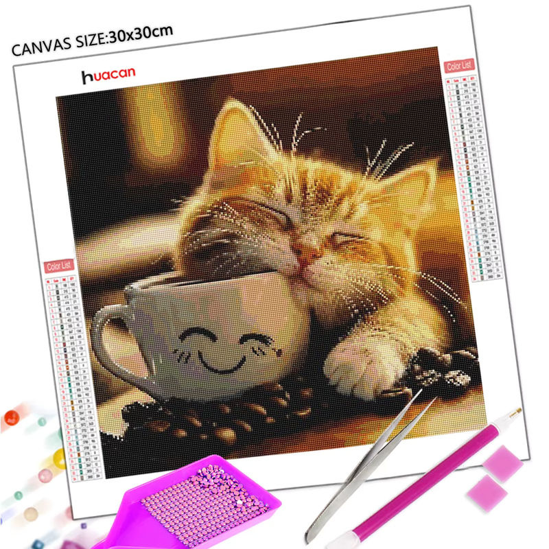 Huacan DIY 5D Diamant-Malerei Set Schlafende Katze mit Kaffeetasse, mehrfarbig, Wanddekoration - Bild 2