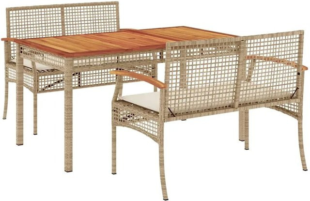 vidaXL 3-teilige Garten-Essgruppe aus Akazienholz und PE-Rattan in Beige und Cremeweiß mit wetterfesten Kissen - Bild 1