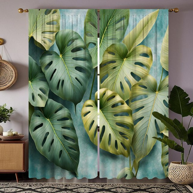 2er-Set dekorative Vorhänge mit Bananenblatt-Print in Grün und Schwarz, digital bedruckte Stoffpaneele im Südostasien-Stil, Breite: 132 cm, Höhe: 160 cm - Bild 1