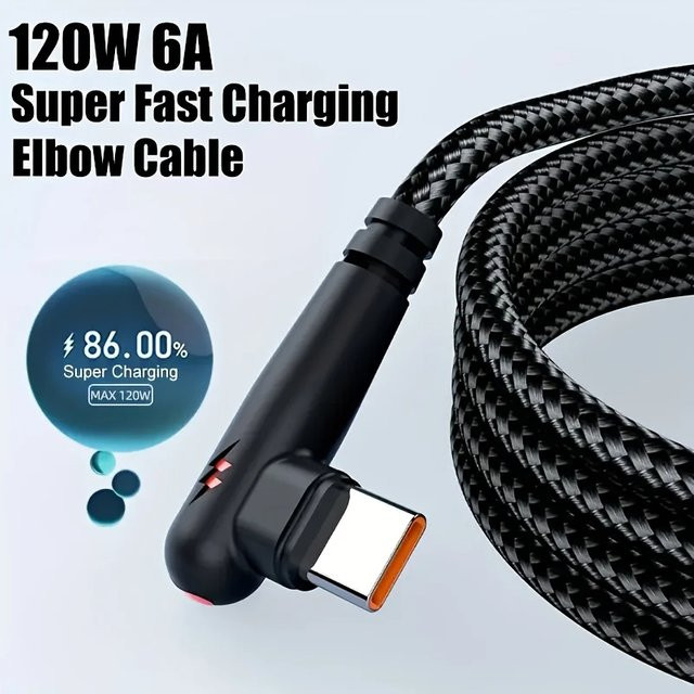 VBNM USB-A auf USB-C Schnellladekabel mit 90-Grad-Winkel, geflochten, 120 W, Rot-Schwarz - Bild 1
