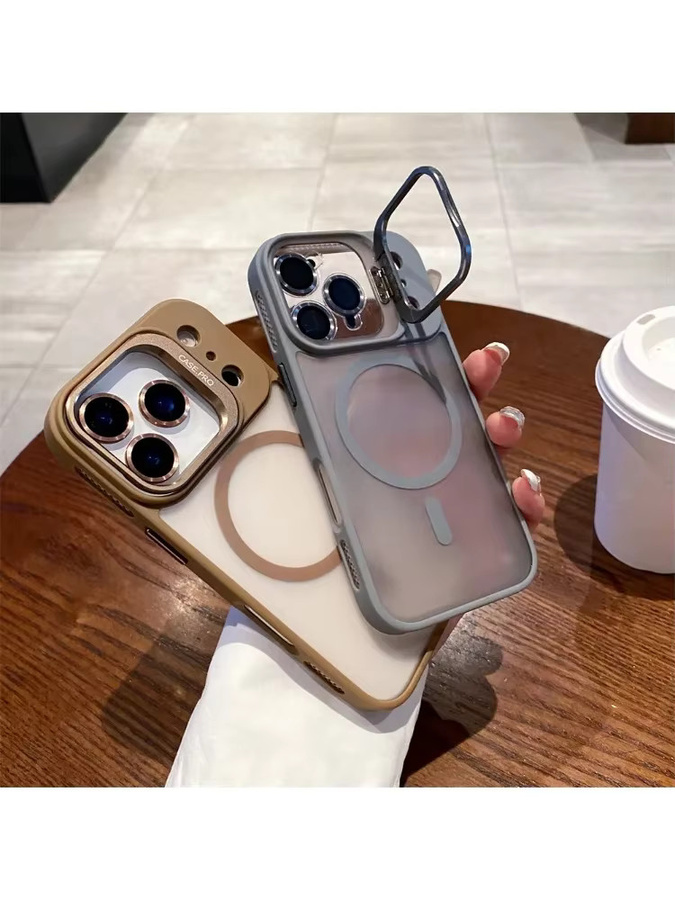 Magnetische transparente Handyhülle mit Kamerarahmen-Ständer und Len-Folie für Apple iPhone 11 bis 17 Pro Max in Orange und Transparent - Bild 3