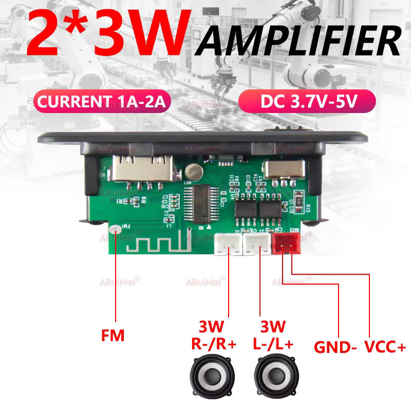 ARuiMei 2er-Set Bluetooth 5.0 Mini-Verstärkerplatine mit schwarzem Gehäuse, 2x3W, USB-C-Anschluss, für FiiO-Player und tragbare Lautsprecher, DC 3,7-5V - Bild 2