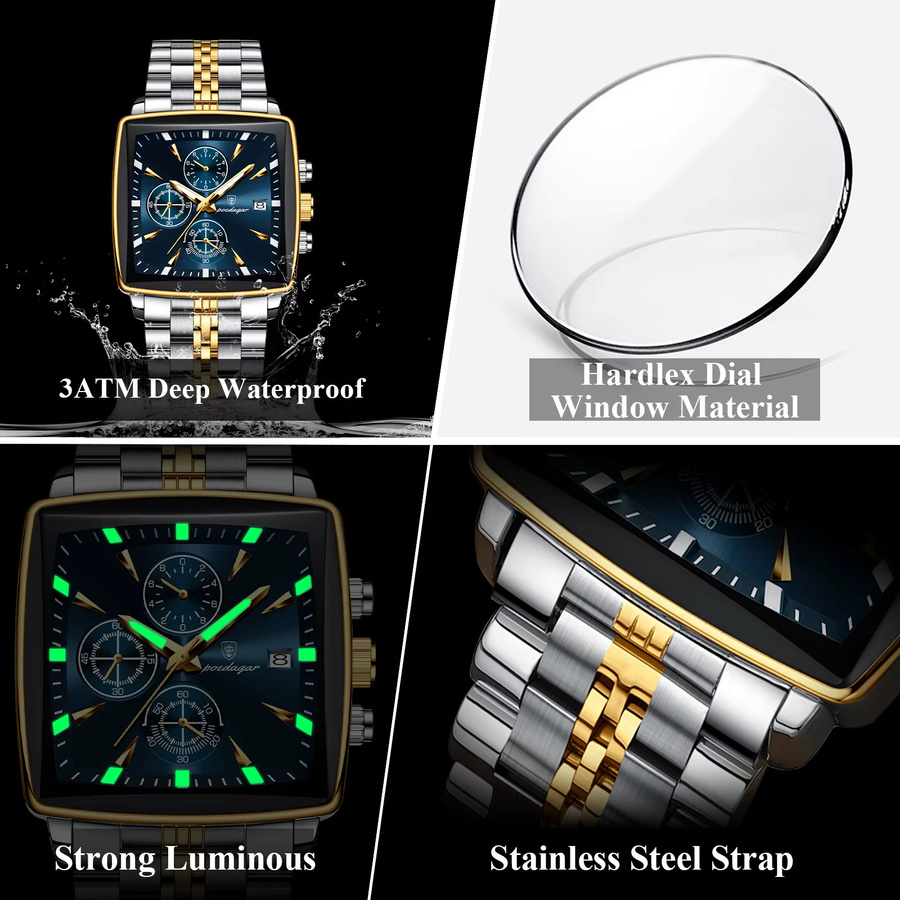 POEDAGAR Armbanduhr Chronograph, Quarz, Edelstahl, Gold, Herren - Bild 3