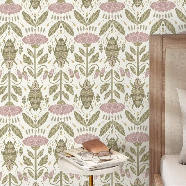 Pixel&Wall Wandtapete mit Blumen- und Käfer-Motiv in Rosa, Vintage Design, B: 50 cm, L: 300 cm - Bild 1