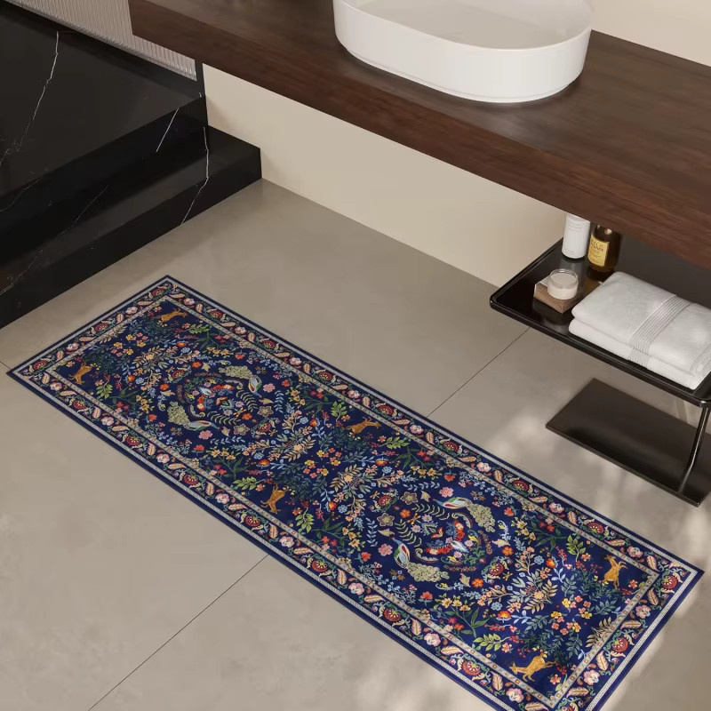 VIKAMA Vintage Ethno-Blumenteppich in Blau, strapazierfähiger und rutschfester Teppich für Flur und Schlafzimmer - Bild 3