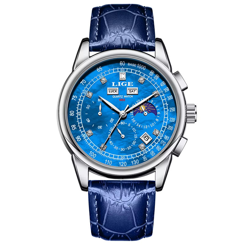 LIGE Chronograph, Quarz, Leder, Blau, Herren - Bild 6