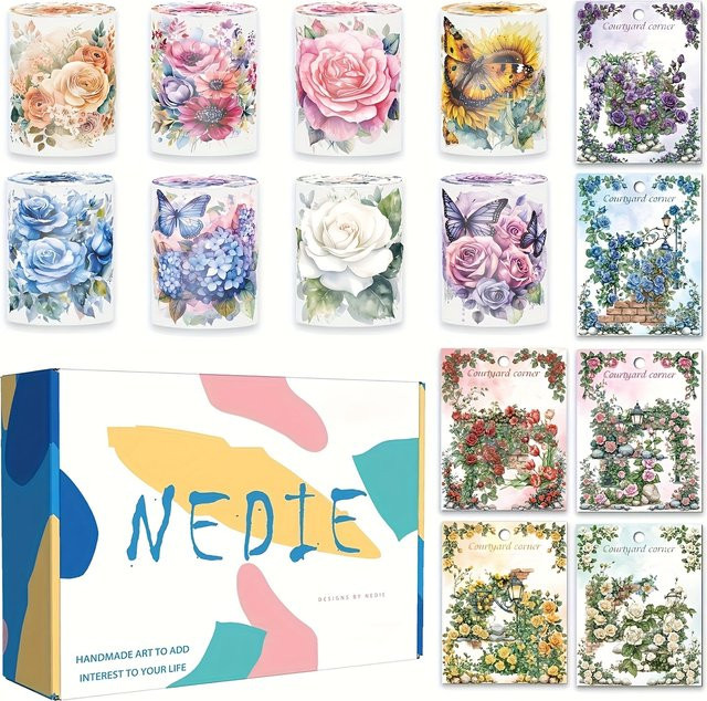 6 Packungen Blumen-Eckaufkleber mit 8 Rollen vorgeschnittenem Washi-Klebeband in Multicolour für dein DIY Junk Journal und Tagebuch - Bild 1
