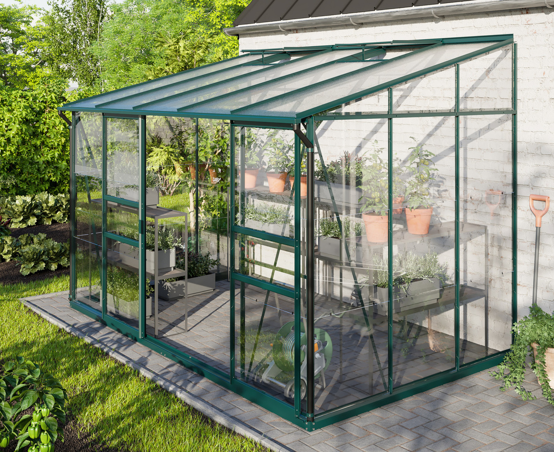 Vitavia Anlehn-Gewächshaus Ida 6500 in Smaragdgrün mit 6,5 m² Fläche, Pultdach und Doppel-Schiebetür aus Aluminium und Glas/Polycarbonat - Bild 3