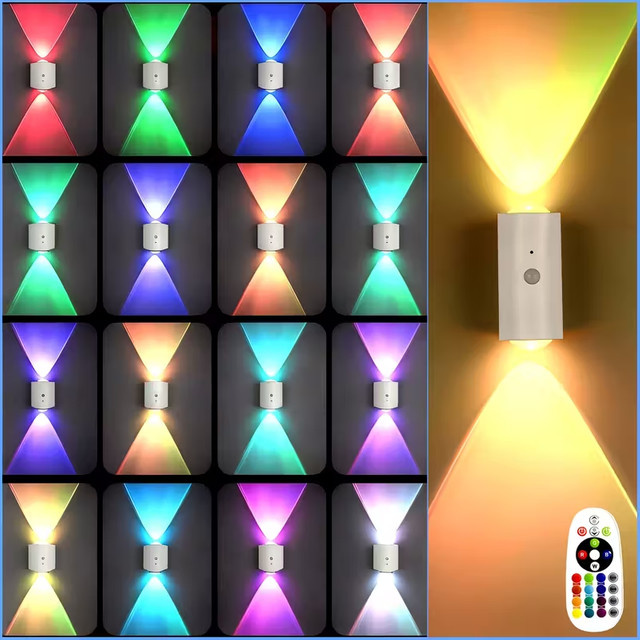 Pzsunly RGB LED Wandleuchte mit Bewegungssensor, wiederaufladbar und magnetisch, dimmbar mit Fernbedienung, Multicolor/Weiß, ideal für Treppen, Schlafzimmer und Flur - Bild 1