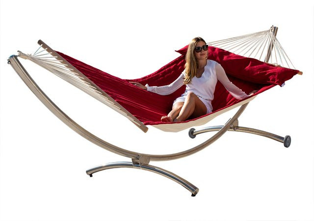 Lola Royal Deluxe American-Hammock-Lifestyle Familien-Hängematte mit Edelstahlgestell in Fuego-Red und Beige inklusive Kissen - Bild 1