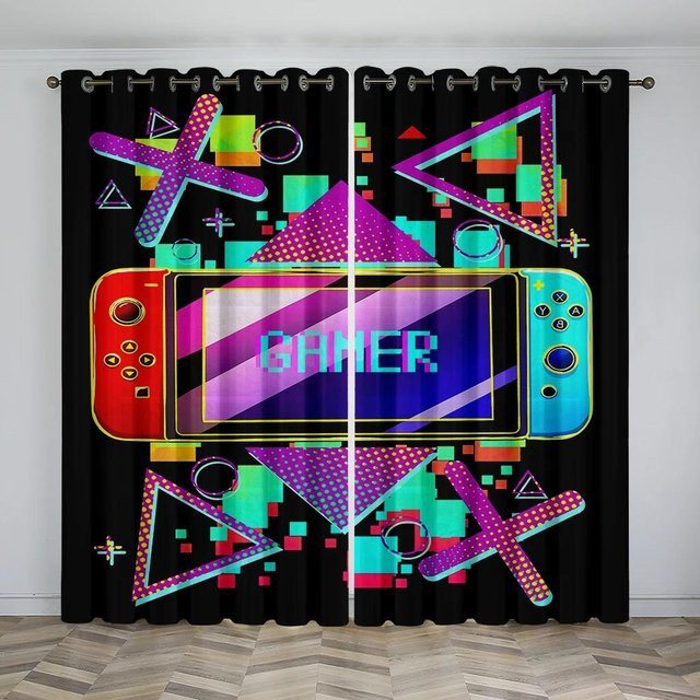 2er-Set Fenster Vorhänge mit Gamepad Gamer Motiv, halbtransparent, Mehrfarbig, B: 55 cm, H: 120 cm - Bild 1
