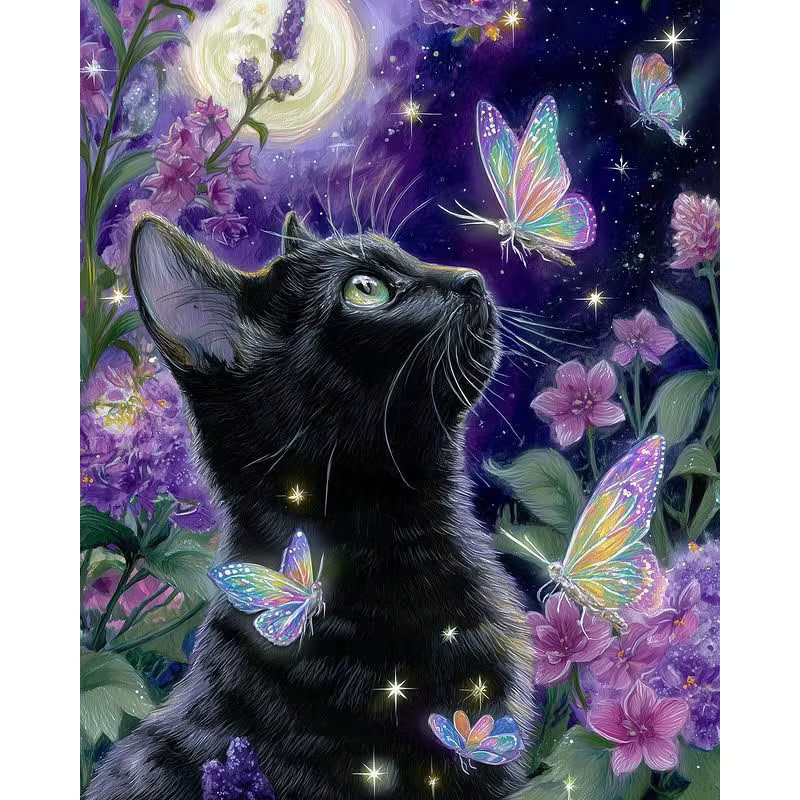 HUACAN Diamantkunst Set Katze und Schmetterling in Schwarz und Multicolour, runde Mosaik-Malerei für deine Heimdekoration, B/D: 30 x 20 cm - Bild 3