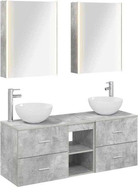 vidaXL Badezimmermöbel-Set 5-teilig in Betongrau mit Waschtischunterschrank, Spiegelschrank und Wandschrank aus Holz und Glas mit LED-Beleuchtung - Bild 1