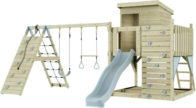 PolarPlay Spielturm Frida aus Holz mit Rutsche und Schaukel in Eisblau - Bild 1