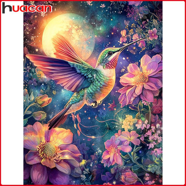 Huacan 5D DIY Diamantmalerei Wanddekoration mit Vogel, Blumen und Mond in Mehrfarbig, Durchmesser: 30 cm - Bild 1