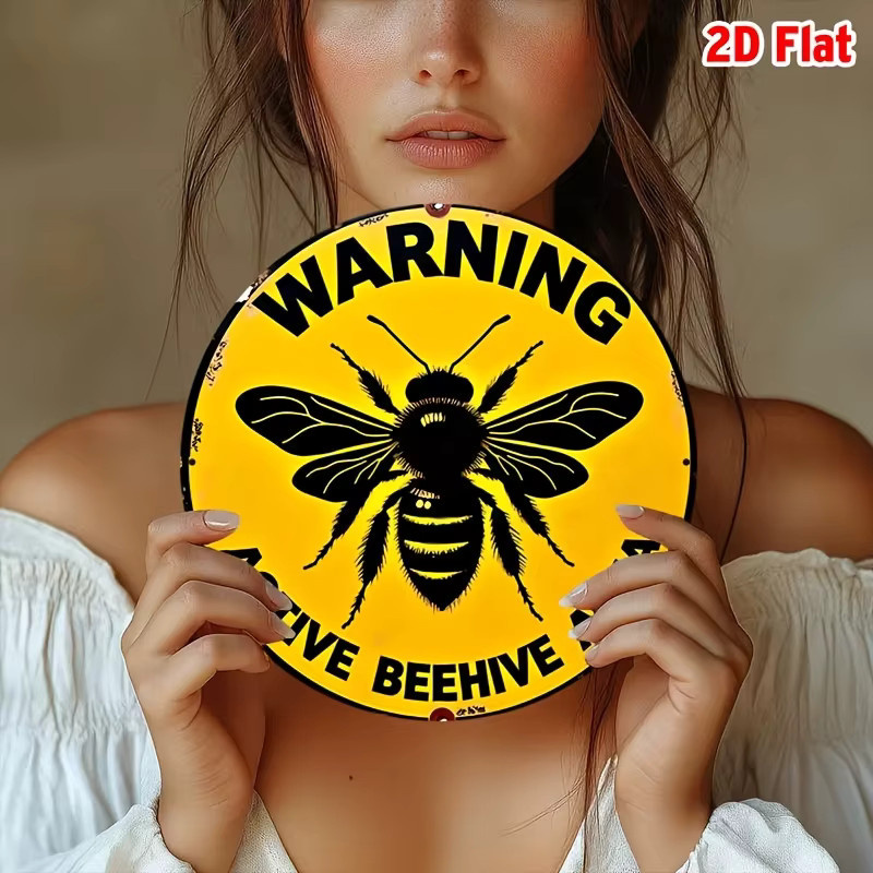 Potdemiel Aluminium Warnschild Bienenstock-Bereich Rund in Gelb und Schwarz mit Rustikalem Design, Durchmesser: 20 cm - Bild 3