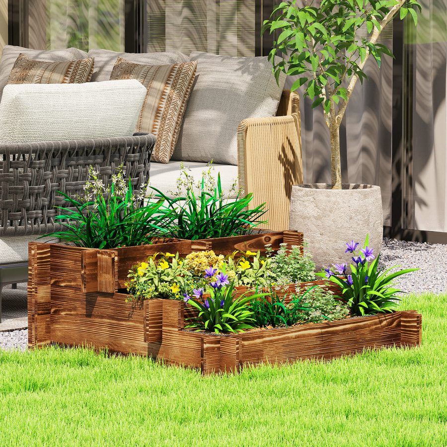 Outsunny Holz-Pflanzkasten 3-stufiges Hochbeet mit Treppendesign und Vlies in Schwarz, B/T/H: 93 x 93 x 35 cm - Bild 2