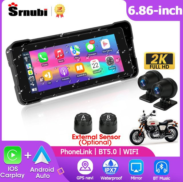 Srnubi 6,86 Zoll 2K Motorrad Dash Cam mit Touchscreen, GPS, Bluetooth, Wireless Carplay und Android Auto, Schwarz - Bild 1