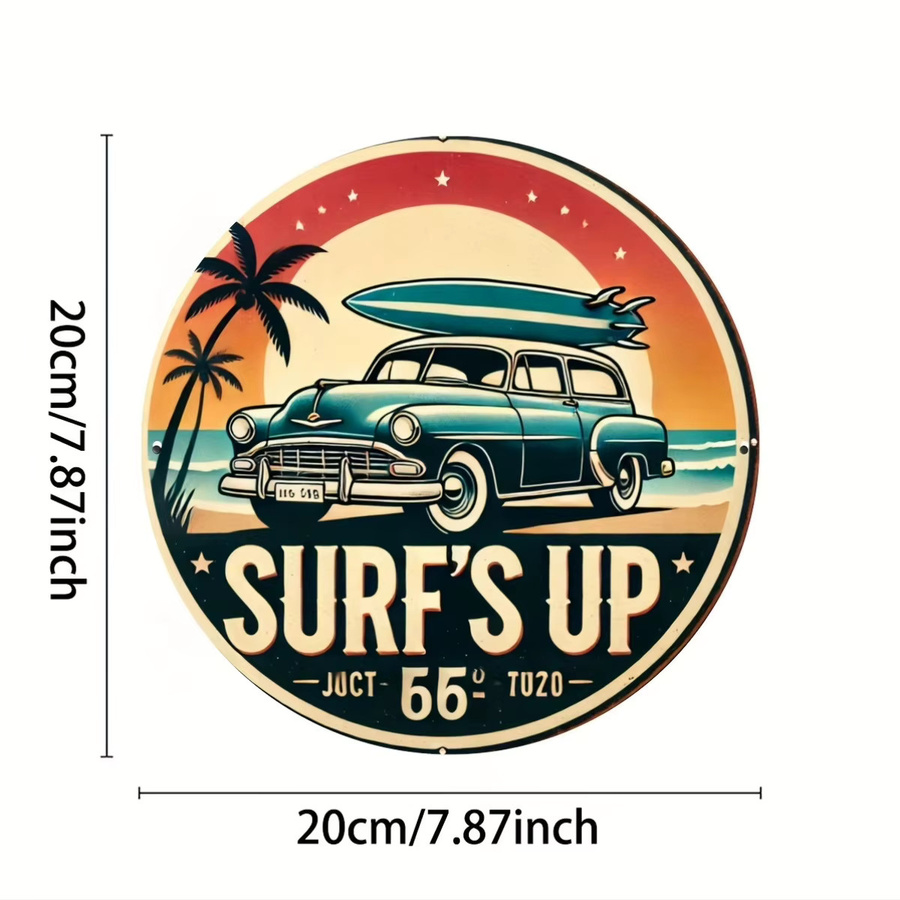 Potdemiel Vintage Surf's Up Rundes Metallschild Retro Stranddekoration aus Aluminium, Durchmesser: 20 cm, Mehrfarbig - Bild 2