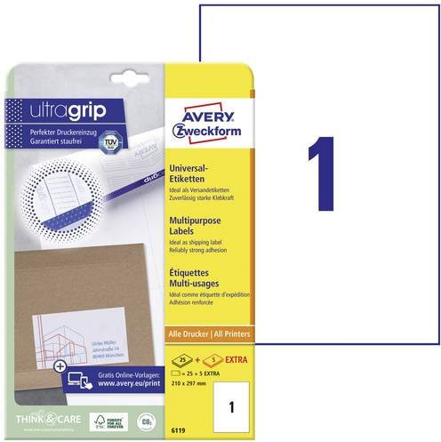Avery Zweckform Universal-Etiketten 6119, Weiß, Papier, 30 Stück, B: 21,0 cm, H: 29,7 cm - Bild 1