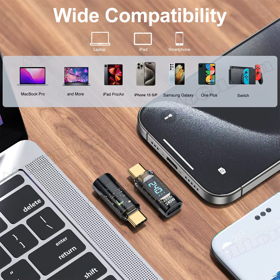 USB C 4.0 OTG-Adapter Typ C auf USB Typ C mit digitalem Display, PD 240W und 100W Datenübertragung, blau transparent - Bild 6