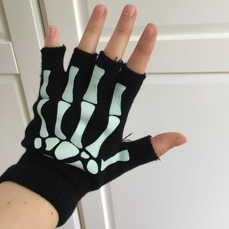 Halbfinger-Handschuhe Skelett-Schädel, leuchtet im Dunkeln, schwarz, Unisex - Bild 5
