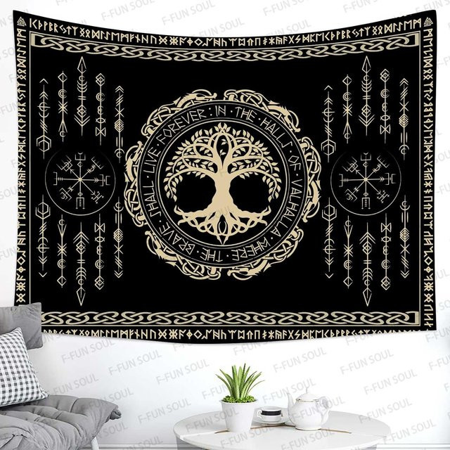 JMG Household Supplies Wandteppich Wikinger Yggdrasil Weltenbaum mit keltischen Runen in Schwarz, Breite: 70 cm, Höhe: 100 cm - Bild 1