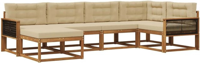 vidaXL Outdoor-Sofagarnitur L-Form aus massivem Akazienholz mit 6 Kissen in Natur und Beige - Bild 1
