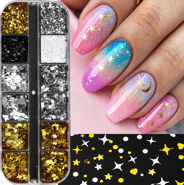 Full Beauty Nagelkunst Glitzer Pailletten Stern Herz, Gold Silber Schwarz Weiß - Bild 1