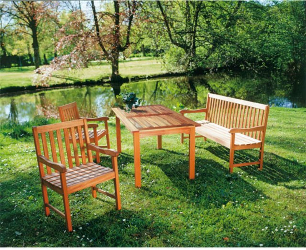 Merxx Tischgruppe Santos 4-teiliges Gartenmöbel-Set aus Eukalyptus Massivholz in Natur, bestehend aus Tisch, 2 Sesseln und einer 2-Sitzer Bank, Breite: 150 cm - Bild 1