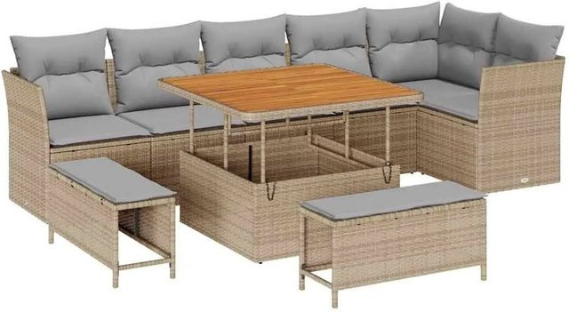 vidaXL Garten-Sofa-Set 9-teilig in U-Form mit Kissen und Couchtisch, Beige und Hellgrau - Bild 1